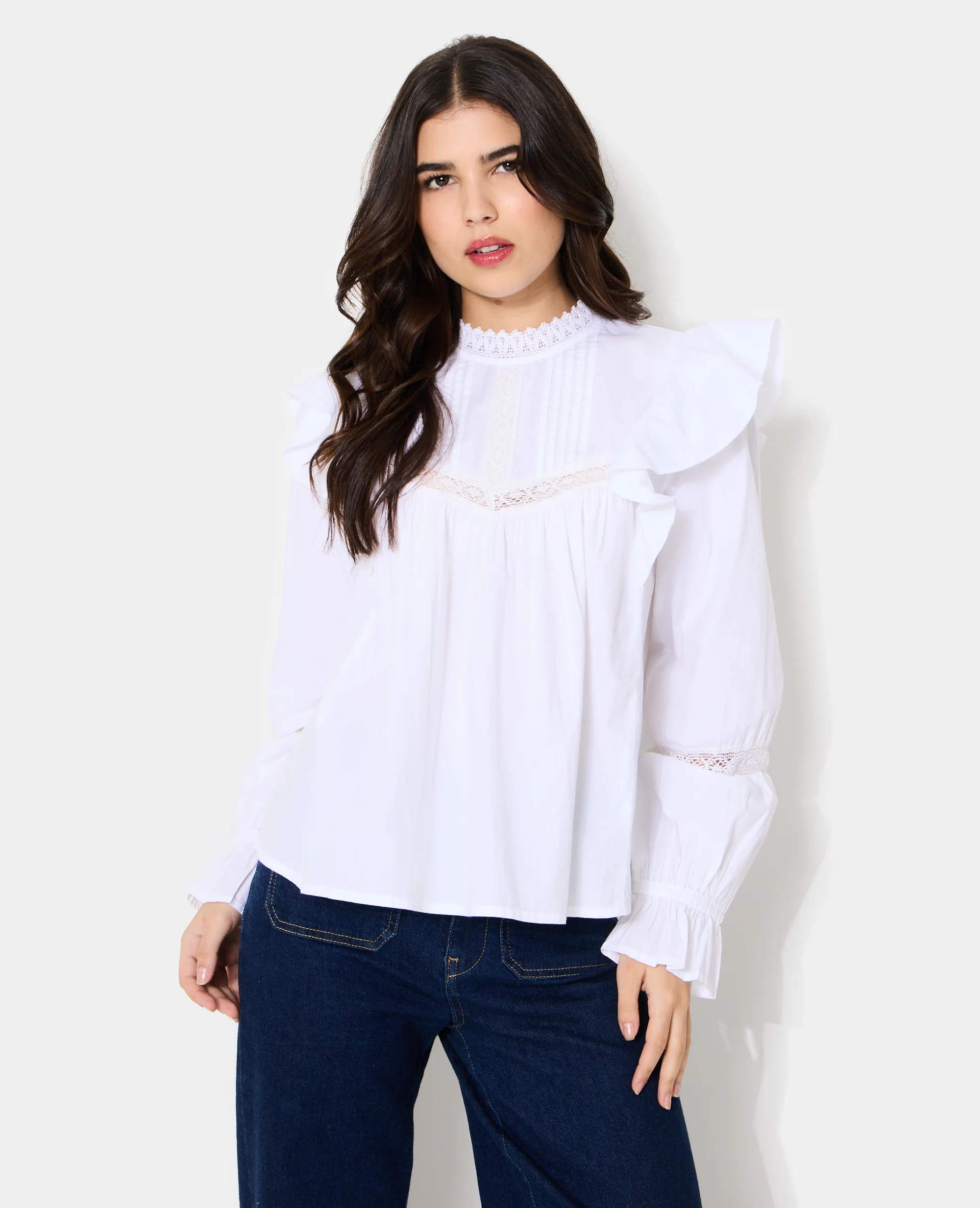 Blouse en popeline avec dentelle et volants - Image 5