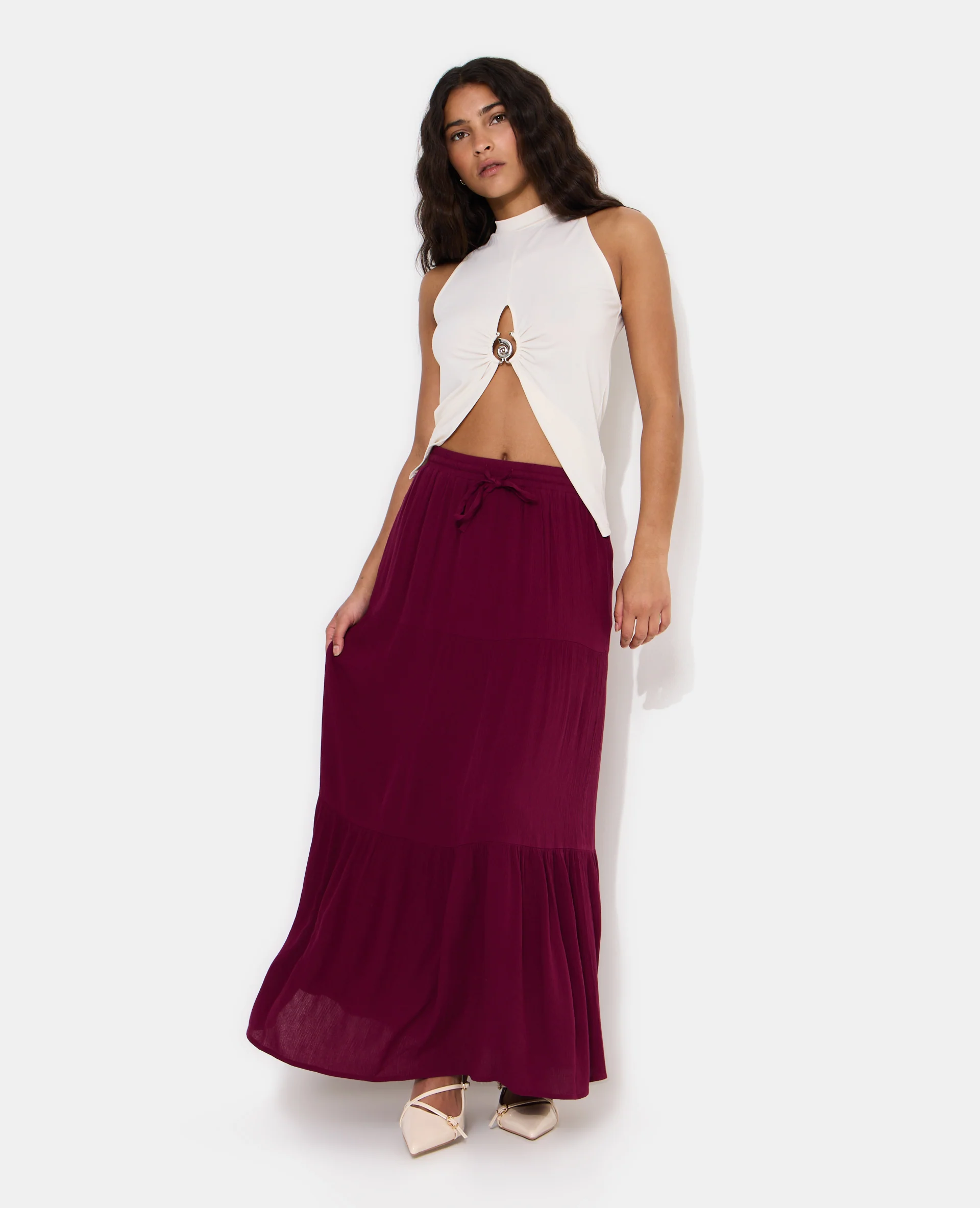 Jupon long à étages avec ceinture élastiquée