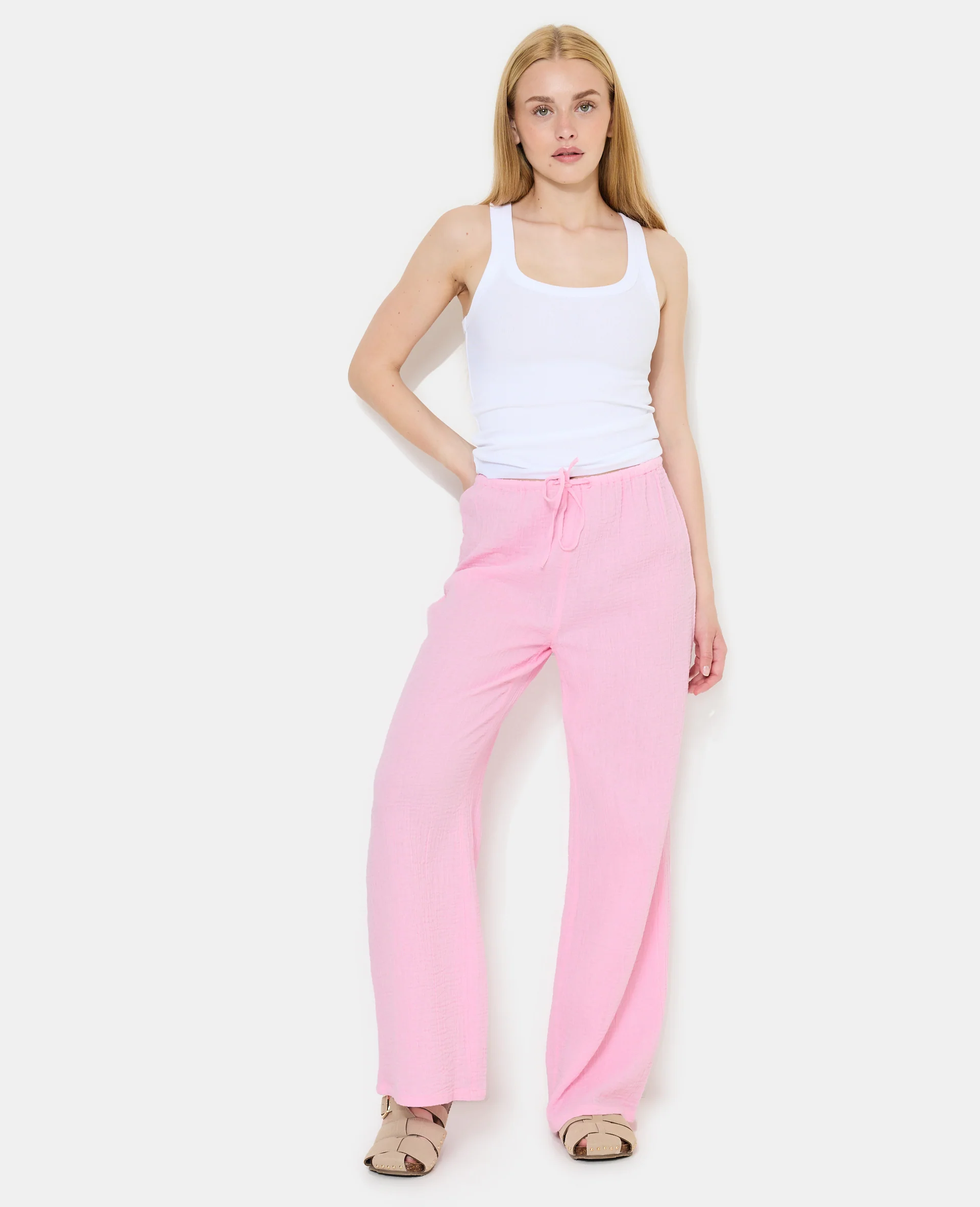 Pantalon en gaze de coton taille élastiquée